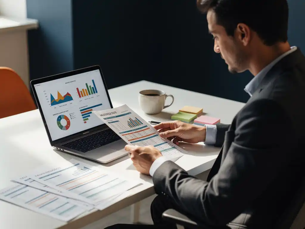 Projectmanager vergelijkt gedrukte kostenoverzichten met budgetgrafieken op laptop aan modern bureau met koffie en sticky notes.