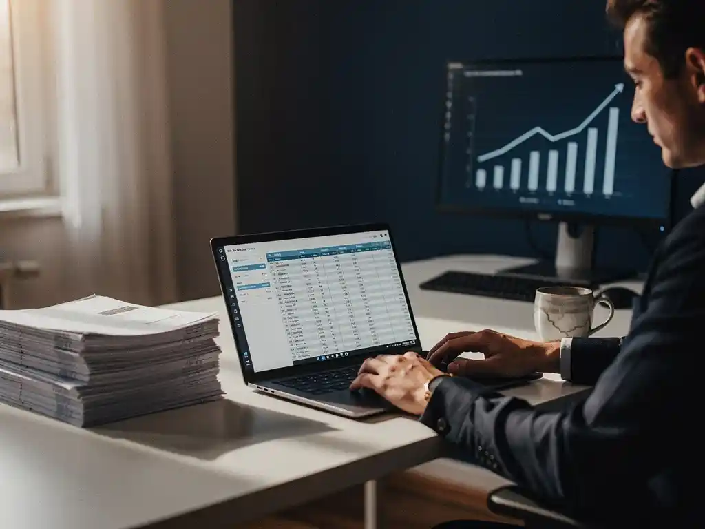 Projectmanager bekijkt urenstaat op laptop aan modern bureau met facturen, koffie en winstgrafiek op achtergrondscherm.