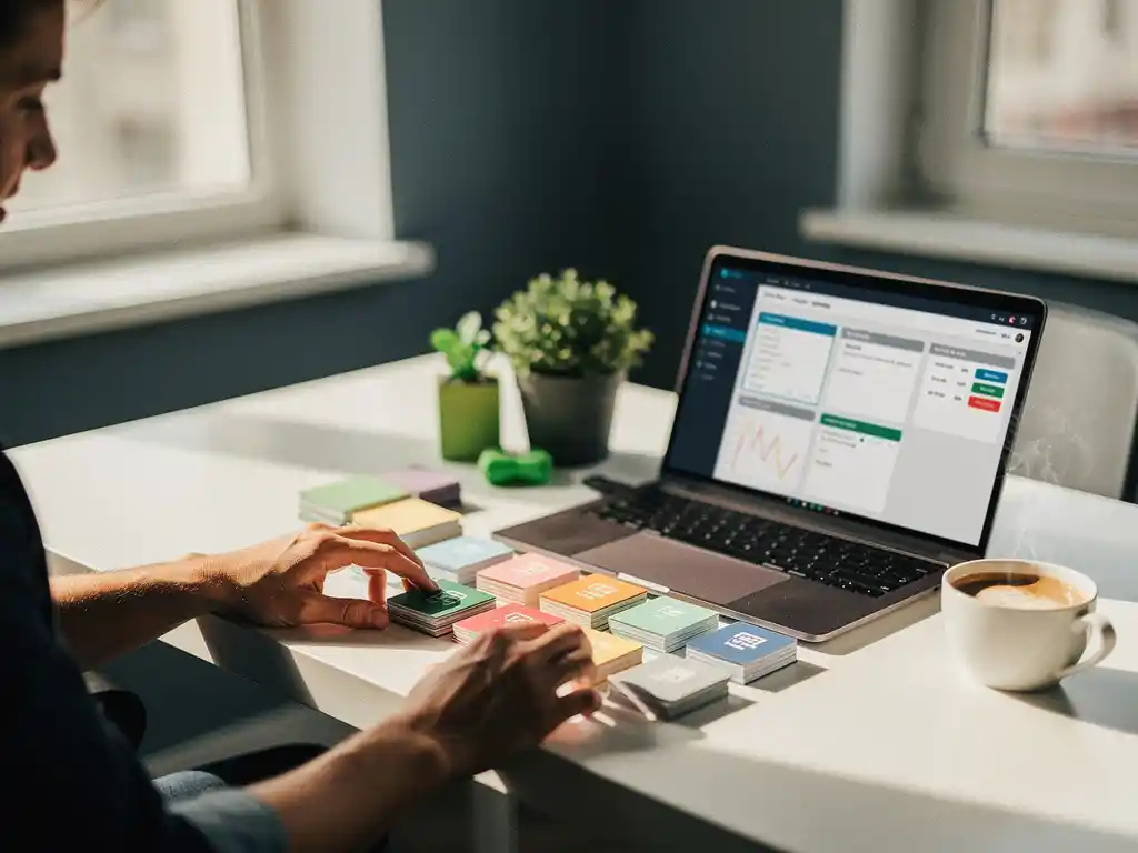 Professional die kleurgecodeerde projectkaarten ordent op modern bureau naast laptop met planningsdashboard, dampende koffie, natuurlijk licht.