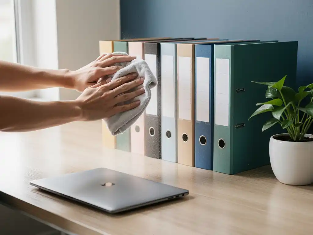 Handen die stof afvegen van een georganiseerd archiefsysteem op een houten bureau met gelabelde mappen en laptop.