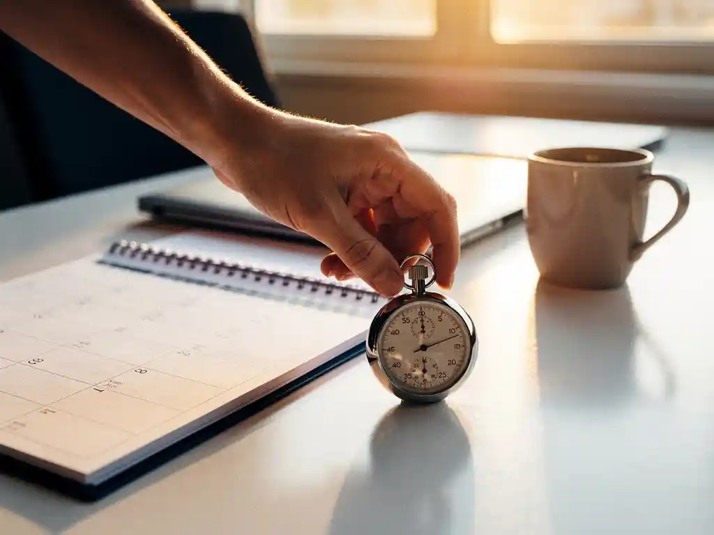 Hand die een stopwatch indrukt op een opgeruimd bureau met weekplanner, koffiemok en laptop in warm gouden licht.