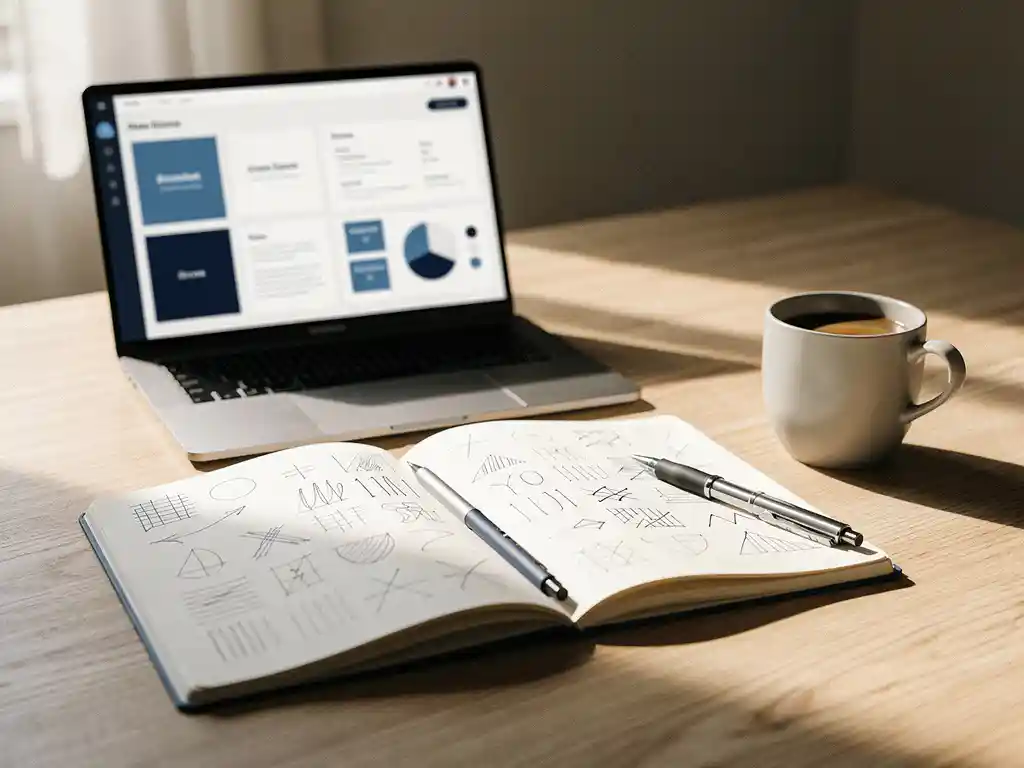 Opengeslagen notitieboek met handgeschreven tijdlogs naast laptop met projectdashboard op licht eiken bureau, warme natuurlijke belichting.