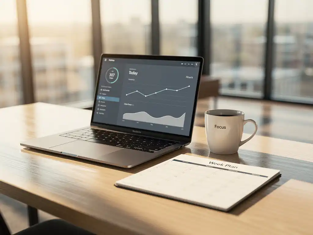 Laptop met tijdregistratie-dashboard op modern houten bureau, naast dampende koffie en weekplanner, warm middaglicht.