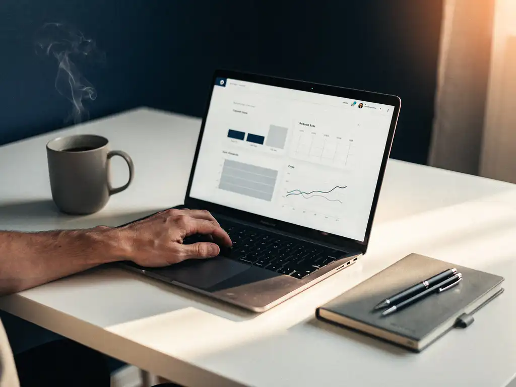 Hand op laptoptrackpad met tijdregistratie-dashboard, dampende koffie en weekplanner op wit bureau in warm ochtendlicht.
