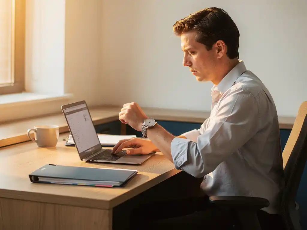 Professional die op horloge kijkt en uren bijhoudt op laptop, modern Nederlands kantoor met houten bureau en koffie.