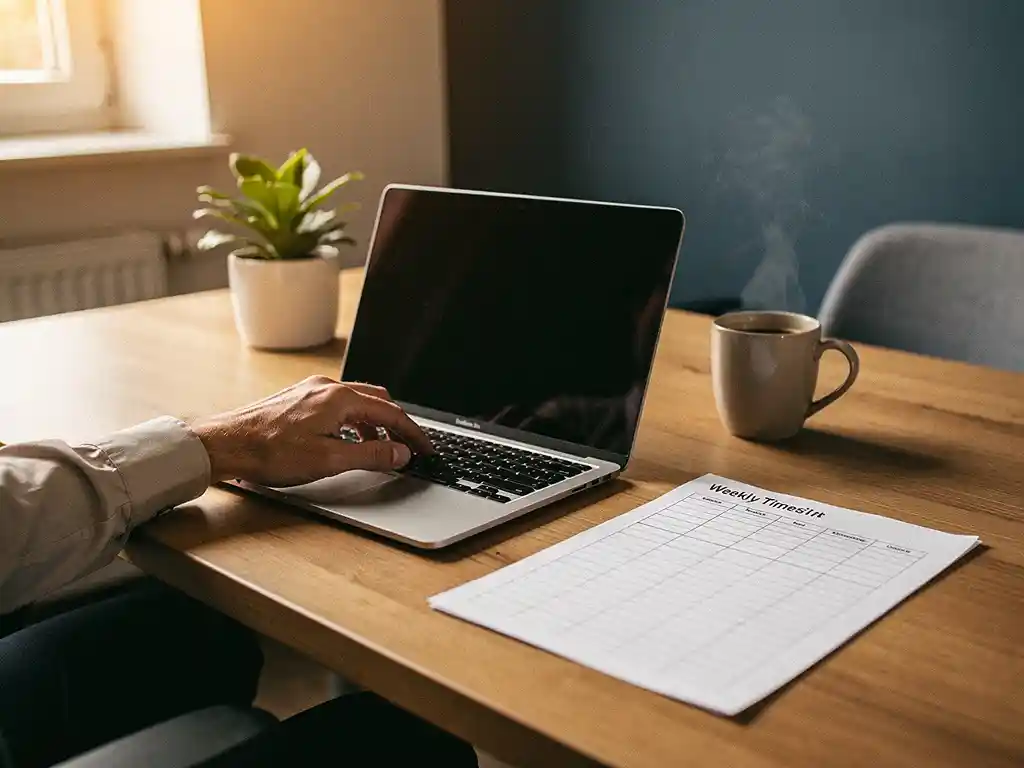Hand die laptoptrackpad bedient naast ingevulde urenregistratie op papier, met koffie en bureaupl