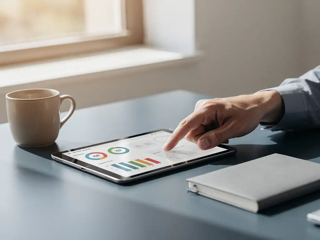 Professional tikt op tablet met tijdregistratie-dashboard op modern bureau met koffiemok en planner, warm natuurlijk licht.