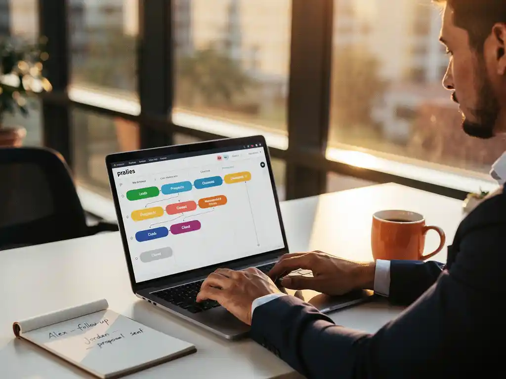 Salesperson sluit deal op laptop aan modern bureau met pipeline-overzicht, notitieblok en koffie in warm middaglicht.