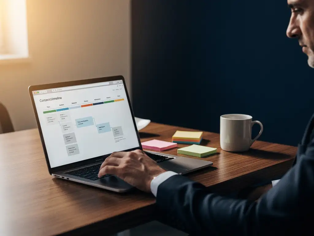 Salesmedewerker bekijkt contacttijdlijn op laptop aan houten bureau met sticky notes en koffiekopje, warm zijlicht.