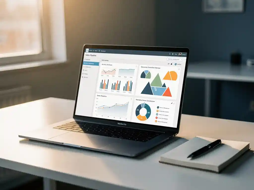 Laptop met sales pipeline dashboard op opgeruimd bureau, notitieboekje en pen ernaast, warm middaglicht vanuit raam.