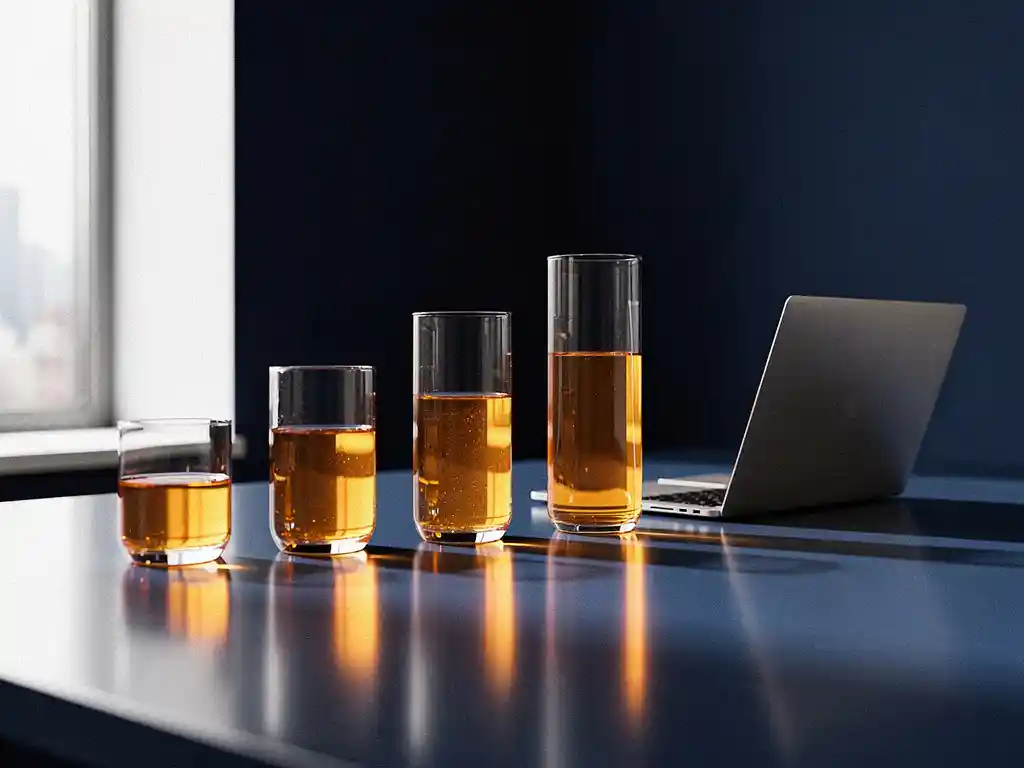 Glazen vazen gevuld met gloeiende amber vloeistof op modern bureau symboliseren salesfunnel-stadia, laptop op achtergrond.