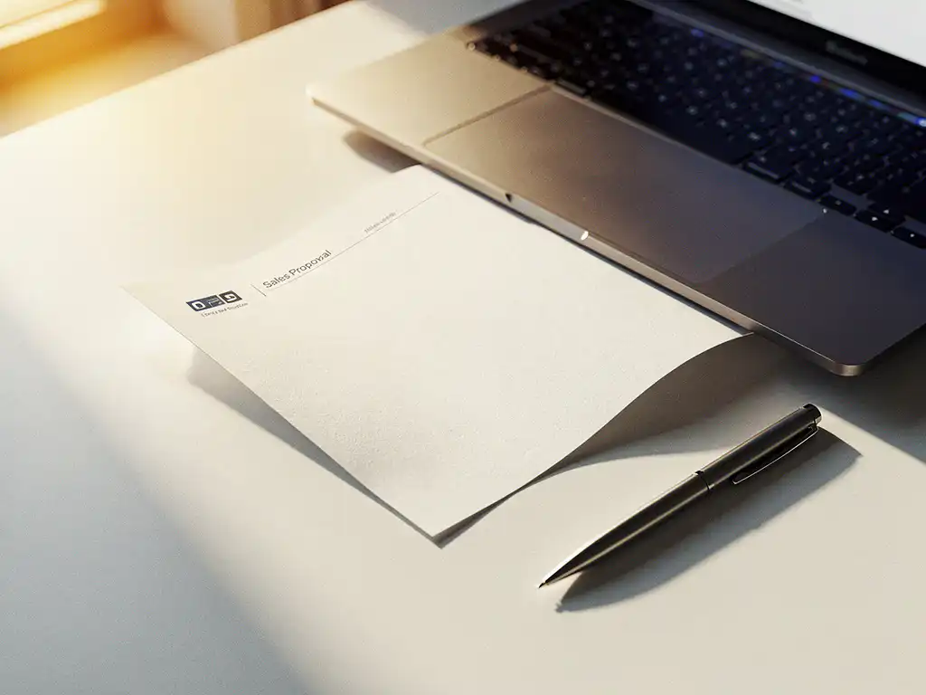 Verkoopvoorstel dat uit een laptop glijdt op wit bureau, pen ernaast, warm gouden licht met zachte schaduwen.