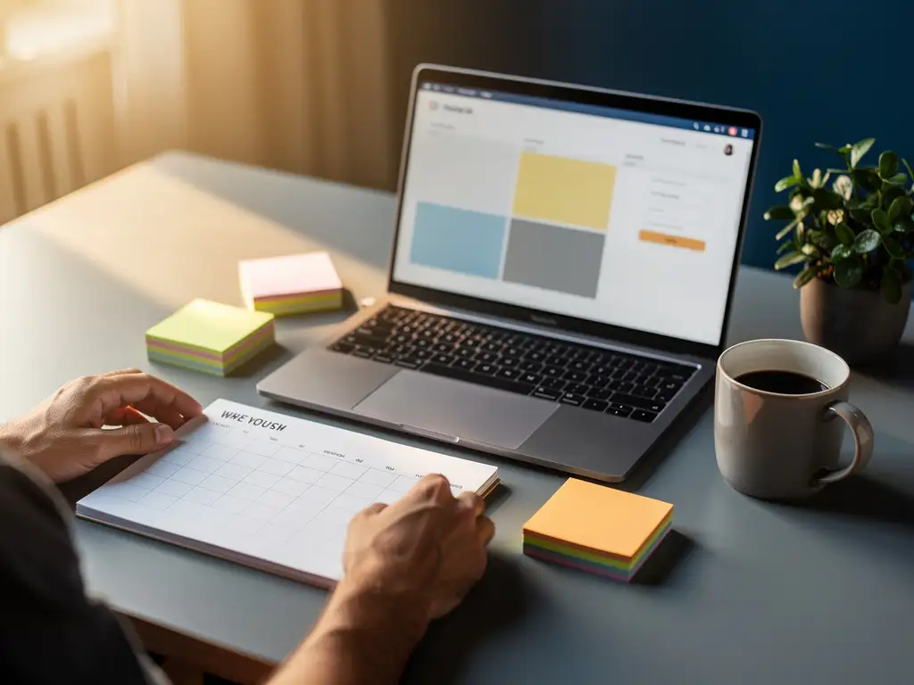 Opgeruimd bureau voor kleine ondernemers met weekplanner, sticky notes, laptop met planningsscherm en koffiemok in warm ochtendlicht.