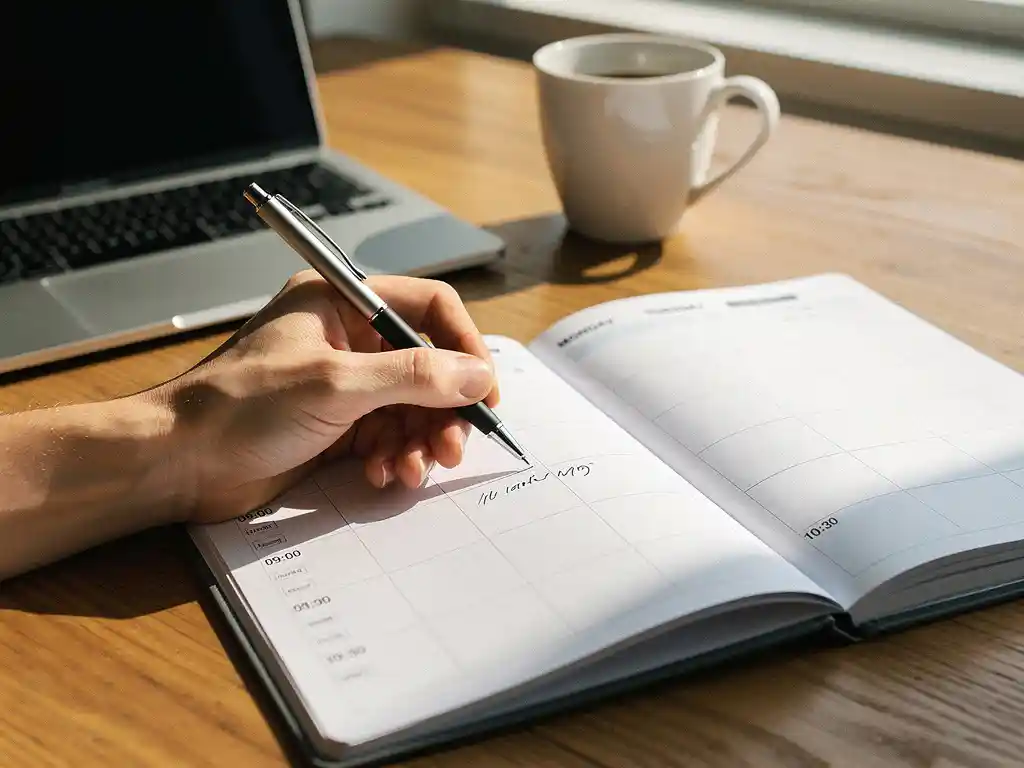 Hand die werktijden invult in een wekelijkse planner op een eiken bureau, met laptop en koffie op de achtergrond.