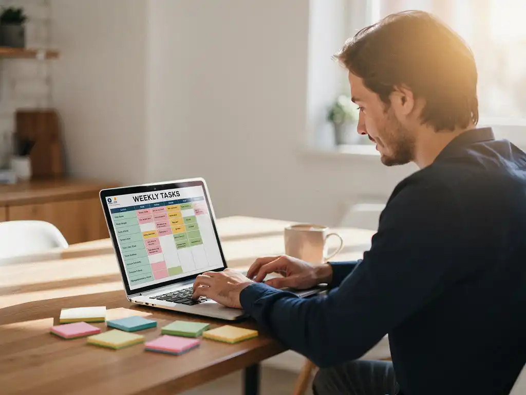 Ondernemer bekijkt wekelijks taakbord op laptop aan houten bureau met sticky notes en koffiemok, warm natuurlijk licht.