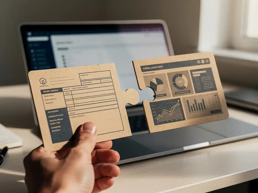 Technicianshand verbindt twee puzzelstukken met werkbon en CRM-dashboard op kantoorbureau, laptop op achtergrond.