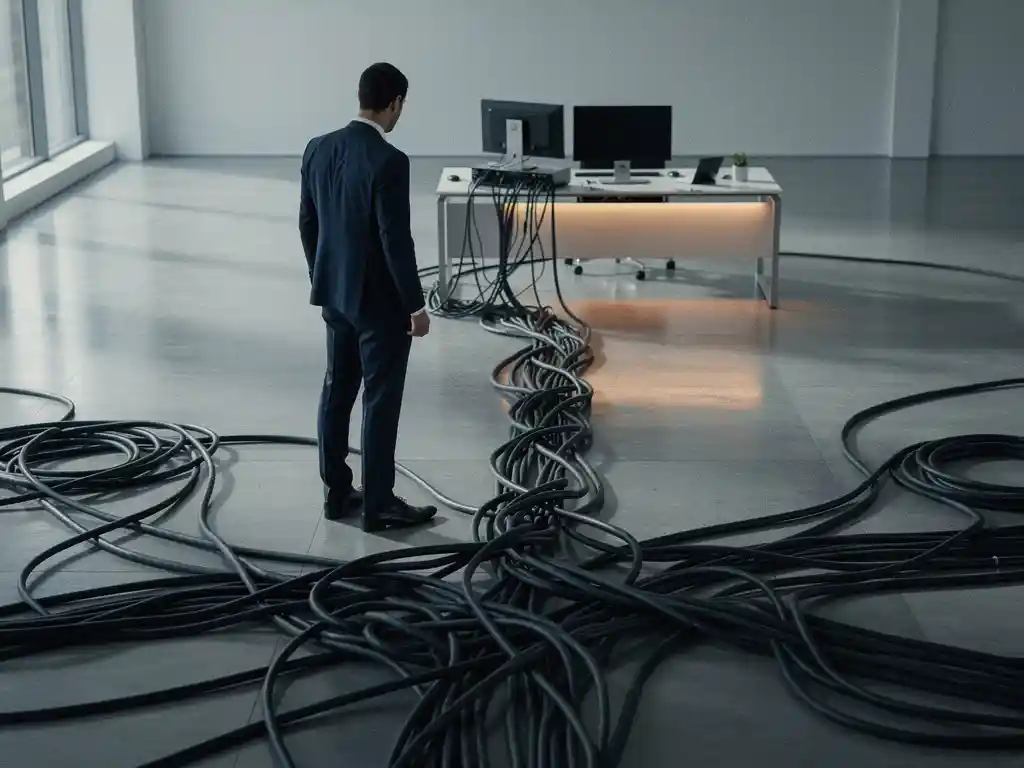 Zakenman staat bij verward kluwen kabels op kantoorvloer, één kabel leidt naar opgeruimde werkplek, sfeer van verwarring en verkeerde keuzes.