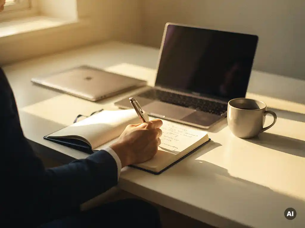 Hand die aantekeningen maakt in notitieboek naast laptop op modern bureau, warme amberkleurige belichting, rustige werksfeer.