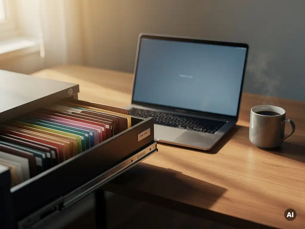 Geopende archieflade met kleurgecodeerde mappen die overgaat in een moderne laptop op een houten bureau, met koffiekopje in ochtendlicht.