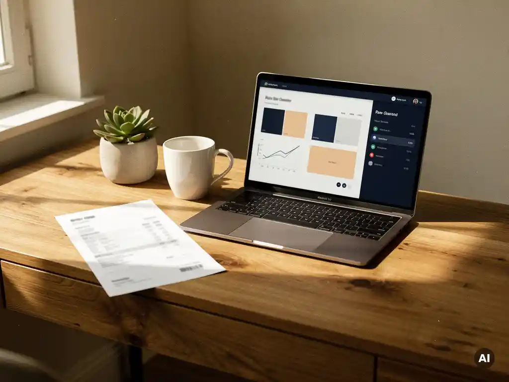 Opgeruimd eiken bureau met gedrukte factuur, laptop met dashboard, koffiemok en succulent in zacht natuurlijk raamlicht.