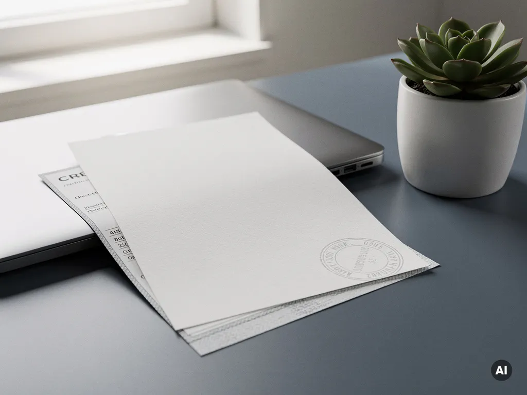 Papieren creditnota op modern bureau naast laptop, gestempelde factuur en kleine vetplant in natuurlijk daglicht.