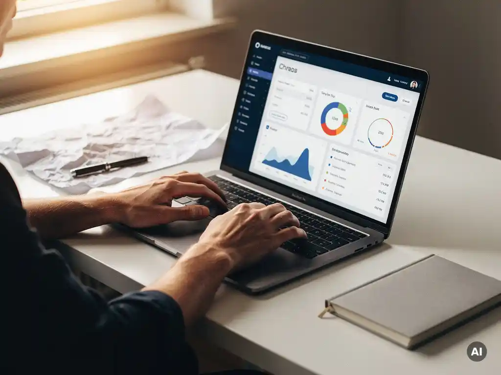 Handen die gegevens invoeren in een CRM-dashboard op laptop, met gladgestreken document op wit bureau in warm natuurlijk licht.