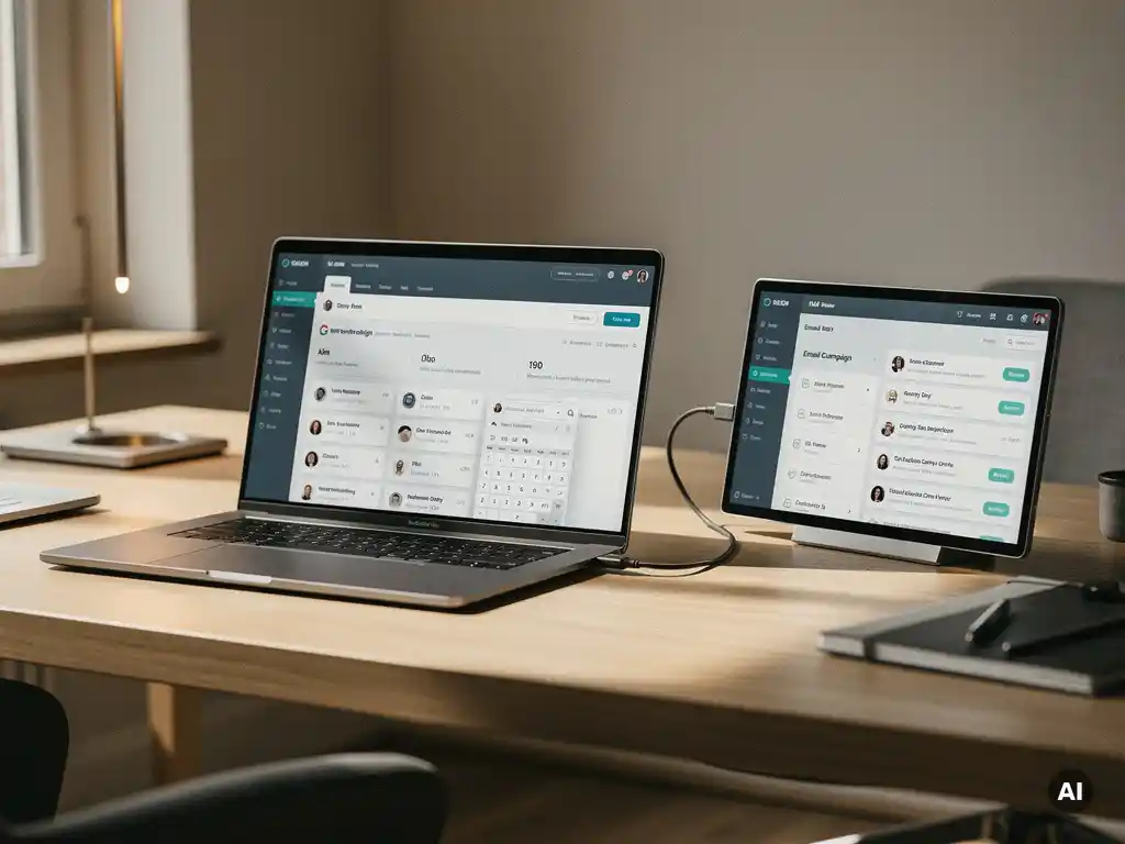 CRM-dashboard op laptop verbonden via kabel met e-mailcampagne-interface op tweede scherm, op modern Nederlands bureau.