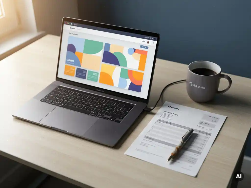 Laptop met CRM-dashboard naast een gedrukte factuur op een modern bureau, verlicht door natuurlijk raamlicht.