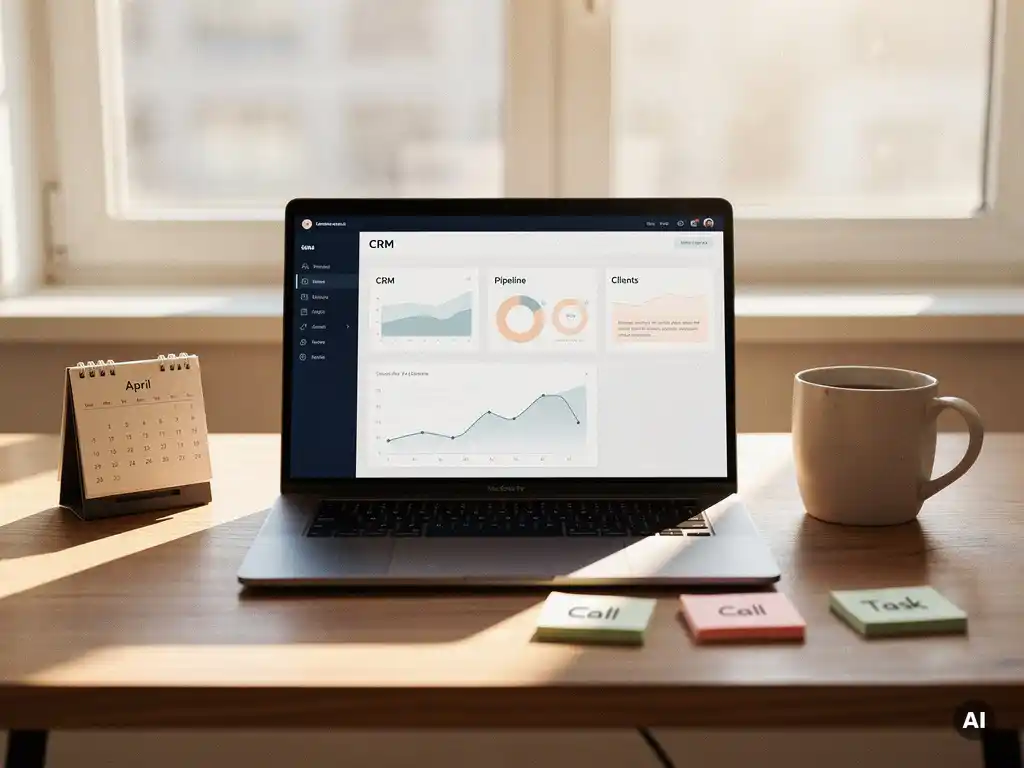 Open laptop met CRM-dashboard op modern Nederlands kantoorbureau, omringd door kalender, koffiemok en sticky notes in warm ochtendlicht.