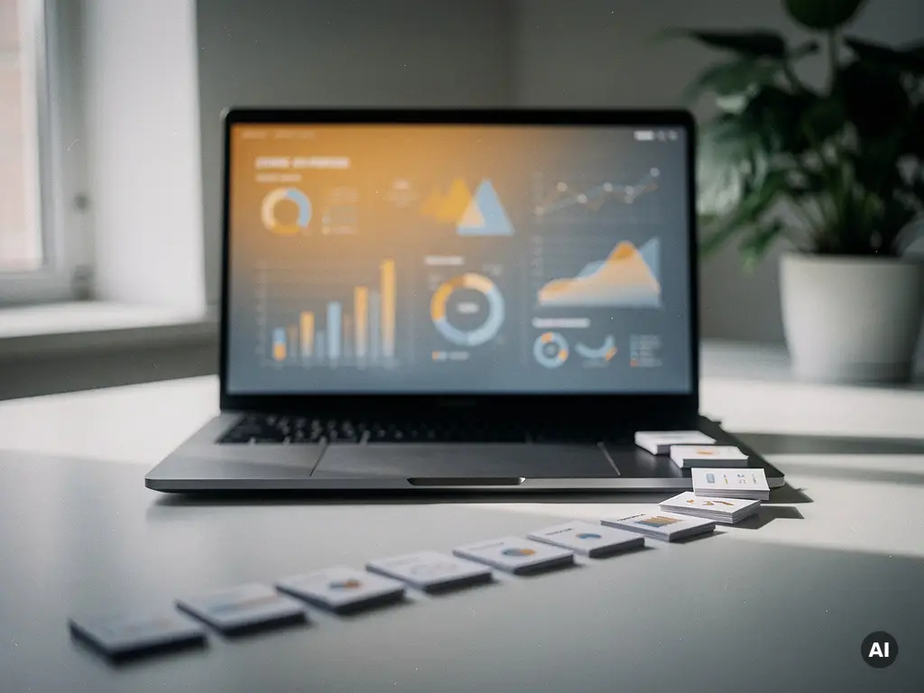 Laptop op modern bureau met CRM-dashboard, papieren leadkaarten in geautomatiseerde reeks, natuurlijk zijlicht en vage plant op achtergrond.