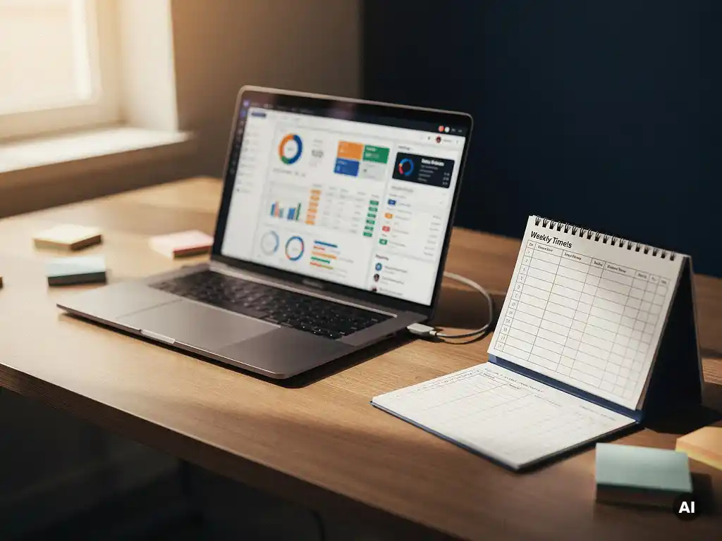Laptop met CRM-dashboard naast een wekelijkse urenstaat op een modern bureau, verlicht door zacht natuurlijk raamlicht.