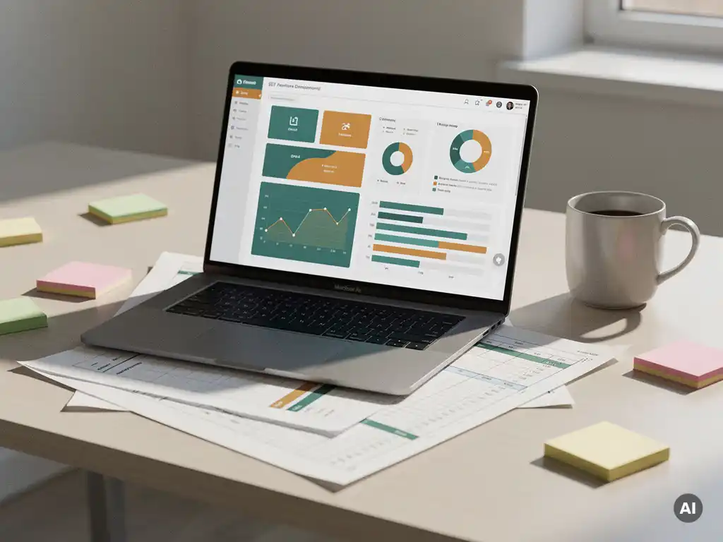 Laptop met CRM-dashboard vervangt uitgeprinte Excel-spreadsheet op kantoorbureau, met sticky notes en koffiemok in warm licht.