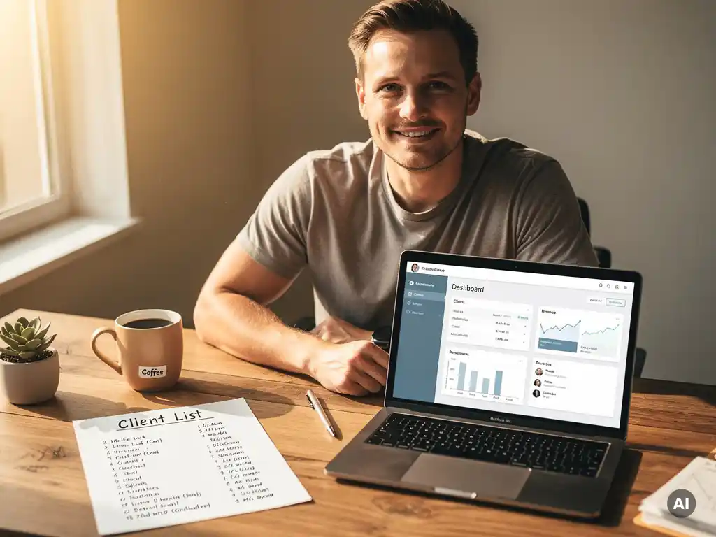 Ondernemer bekijkt CRM-dashboard op laptop aan houten bureau met handgeschreven klantenlijst en koffiemok in warm ochtendlicht.