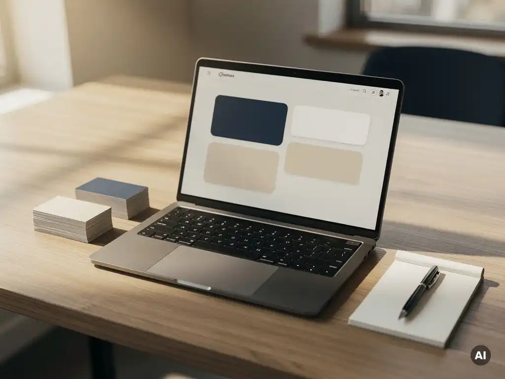 Klein zakelijk bureau met laptop waarop een CRM-dashboard zichtbaar is, visitekaartjes en notitieboek in warm natuurlijk licht.