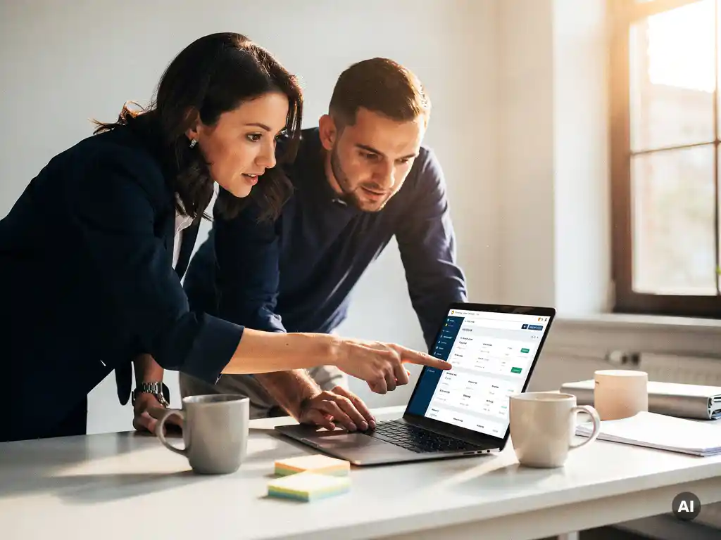 Marketingmanager en salesmedewerker bekijken samen een CRM-dashboard op een laptop, omringd door koffiebekers en sticky notes.