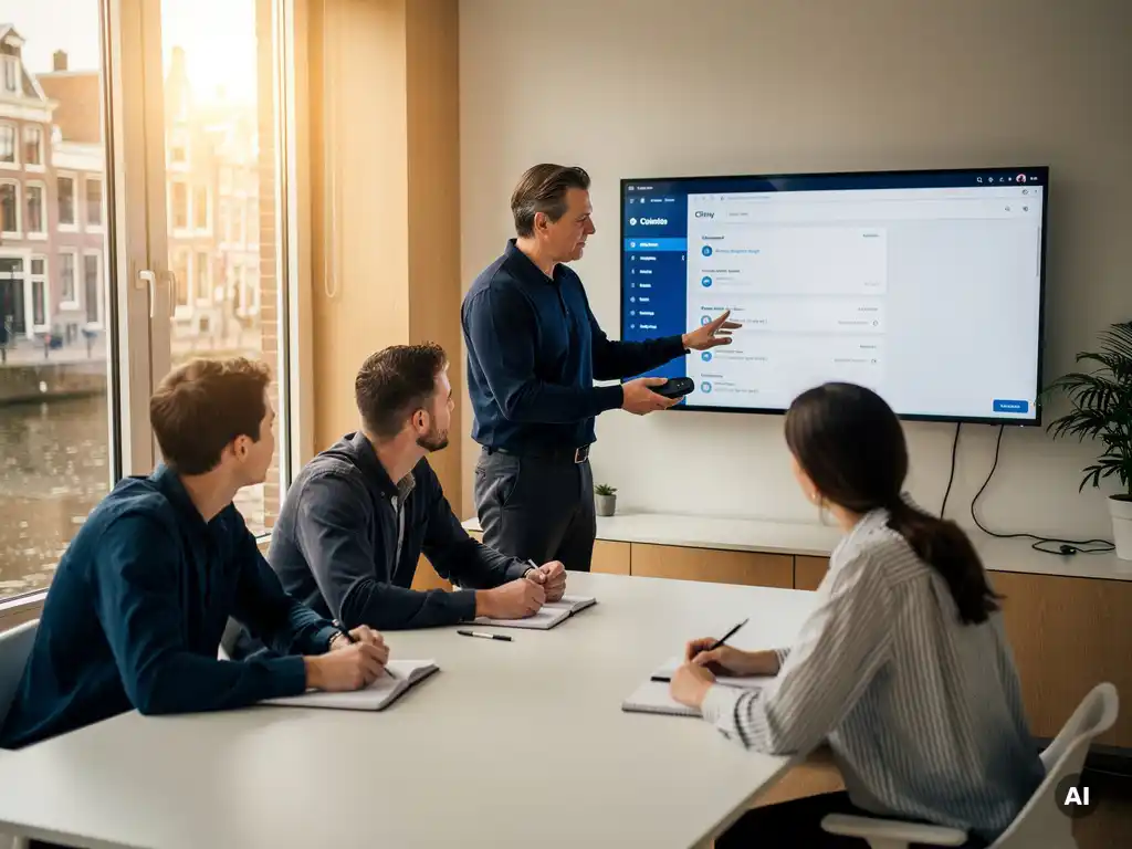 Teamleider legt CRM-dashboard uit aan twee collega's voor groot beeldscherm in modern Nederlands kantoor met natuurlijk licht.