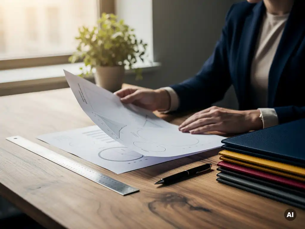 Zakelijke professional bekijkt een overzichtelijk dashboardrapport aan een modern bureau met liniaal, pen en georganiseerde clientmappen.