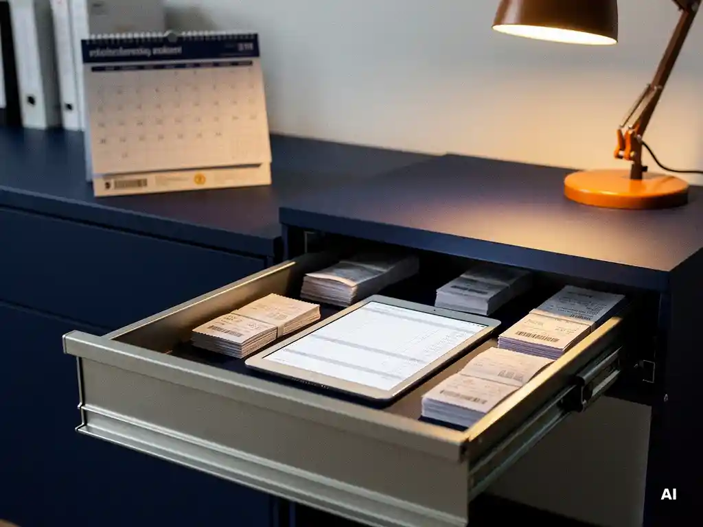 Archieflade met digitale facturen op tablet, omringd door papieren bonnen en een Nederlandse kantoorkalender op een opgeruimd mkb-bureau.