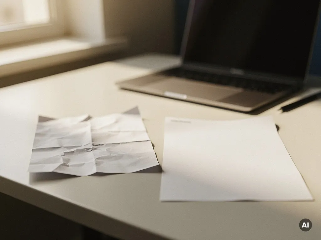 Verkreukelde dubbele factuur naast een vlekkeloze versie op een modern bureau, met laptop op de achtergrond en zacht natuurlijk licht.