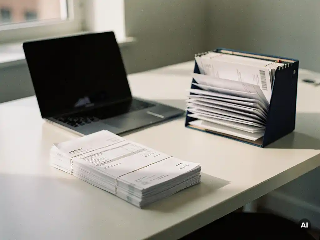 Stapel gesorteerde facturen en bonnen naast een open laptop op een modern bureau, verlicht door natuurlijk zijlicht.