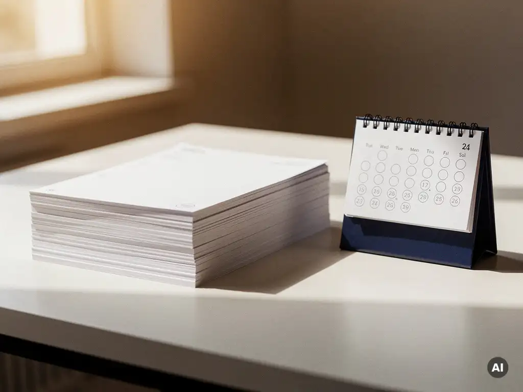 Stapel facturen naast een bureaukalender met herhalende datums op een modern kantoorbureau, warm natuurlijk licht.