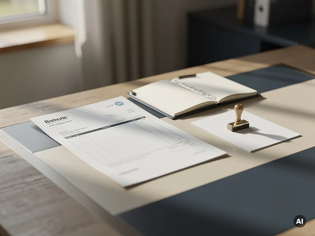 Nette kantoorbureau met factuur, openstaand kasboek en zegel op wit papier in warm, natuurlijk licht.