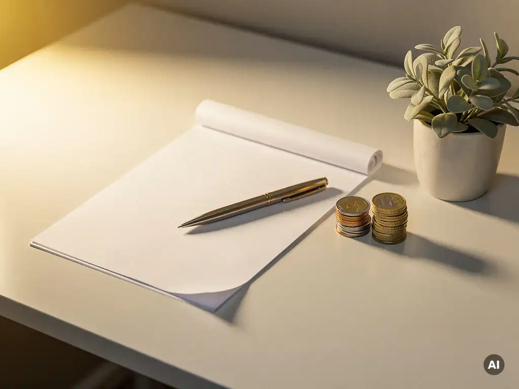 Witte factuur op modern bureau met pen, euromuntjes en klein potplantje in warm goudkleurig licht.