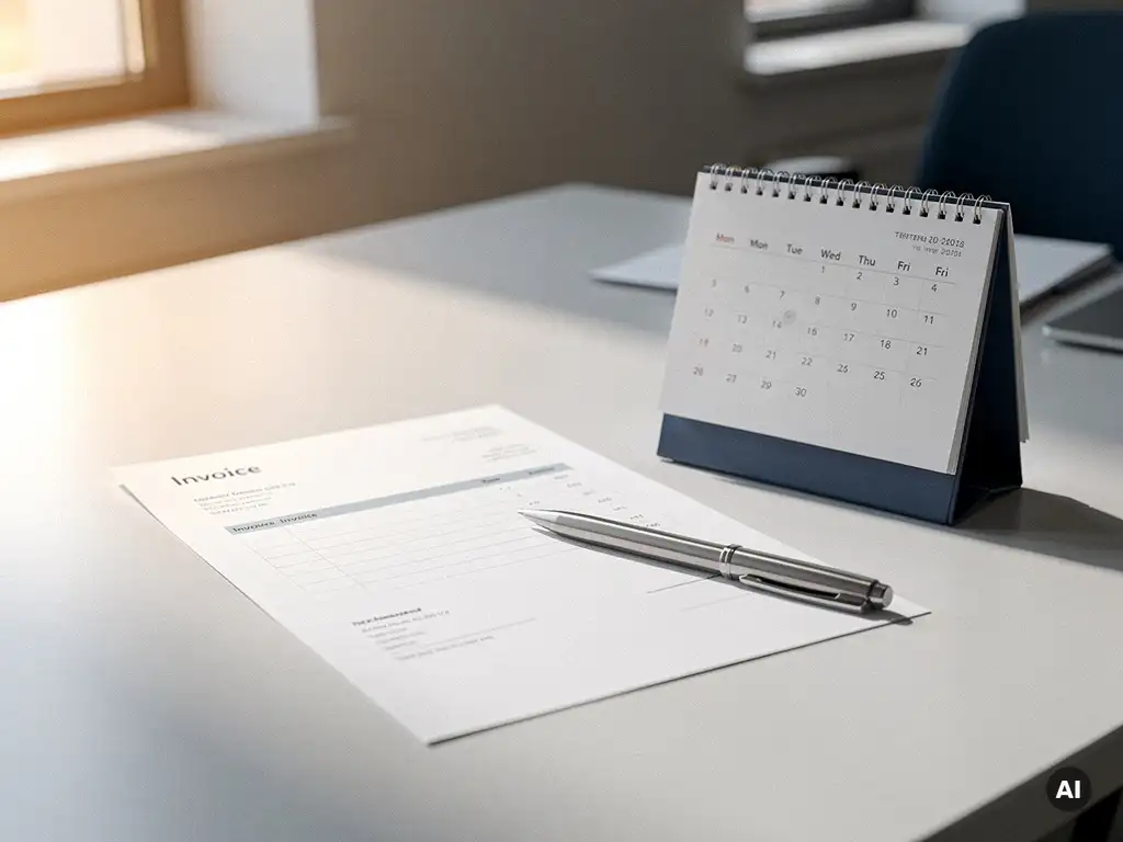 Factuur en maandkalender op een modern bureau met pen, in warm natuurlijk licht van een kantooromgeving.