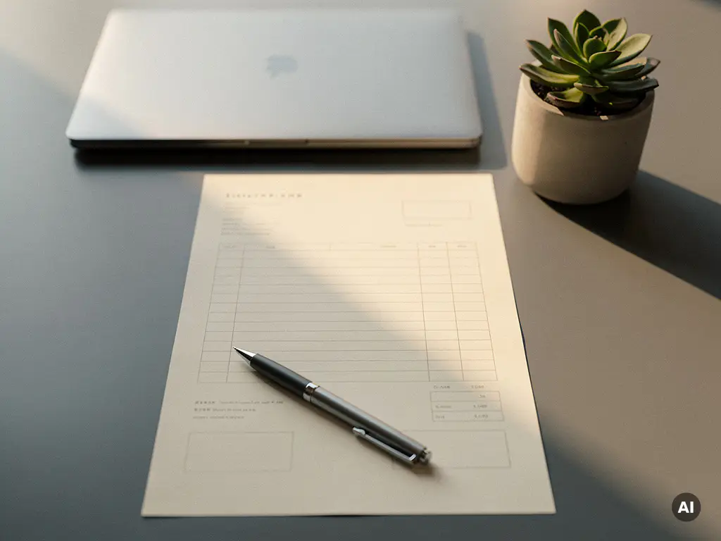 Gedrukte factuur op modern bureau naast laptop, pen en klein vetplantje, zachte natuurlijke belichting.