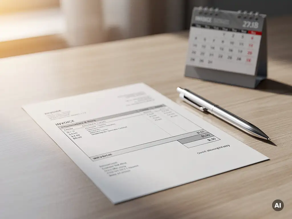 Papieren factuur op modern houten bureau met pen ernaast en kalender op achtergrond die een vervaldatum suggereert.