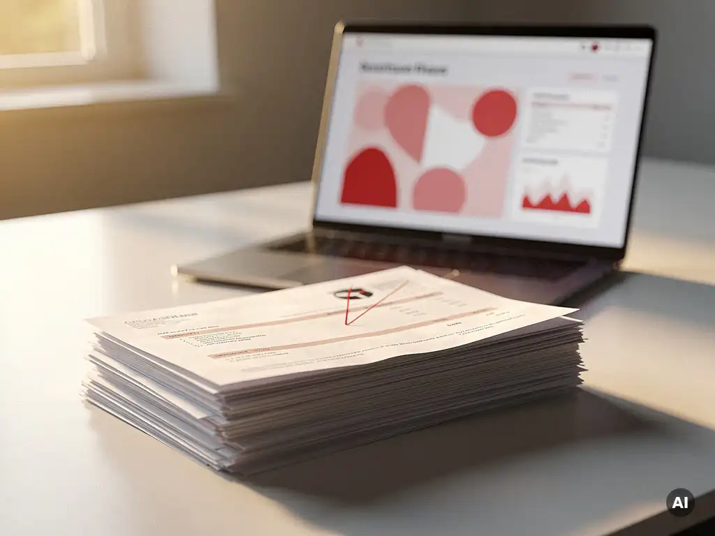 Stapel papieren facturen op modern bureau met rode correctiemarkering, laptop met dashboard op achtergrond, warm ochtendlicht.