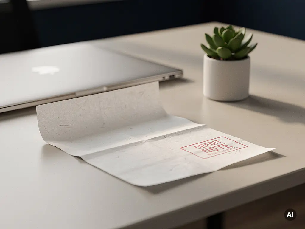 Papieren factuur en rood gestempelde creditnota naast elkaar op modern bureau, met laptop en succulent op de achtergrond.