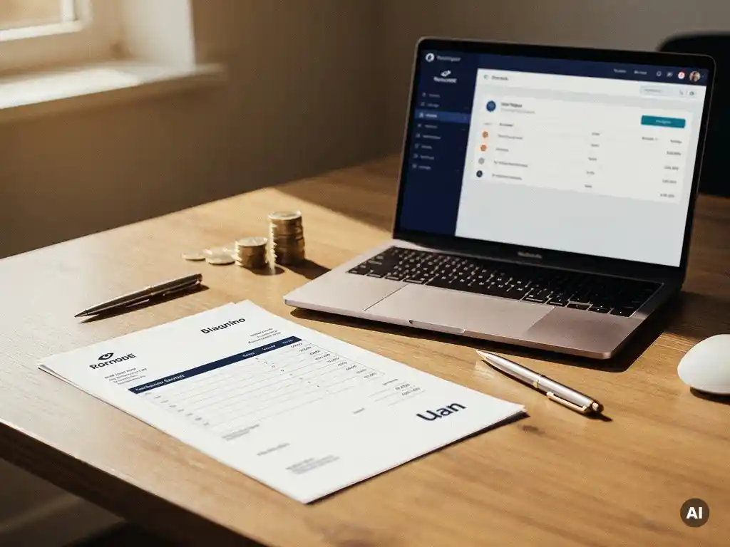 Zakelijk bureau met factuur, laptop met CRM-dashboard, euromunten en pen in warme kantooromgeving.