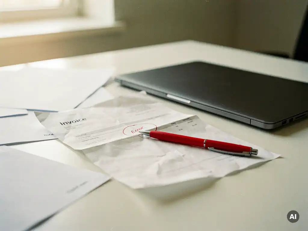 Verfrommelde papieren factuur naast laptop op bureau, gemarkeerd met rode pen tussen verspreide documenten.